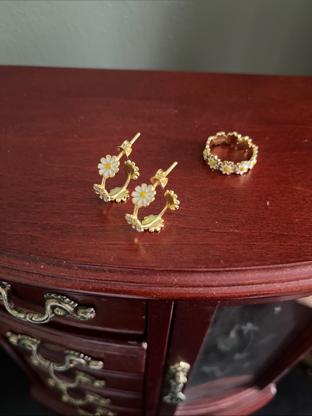 Gold Tone Flower Earrings and Ring Set